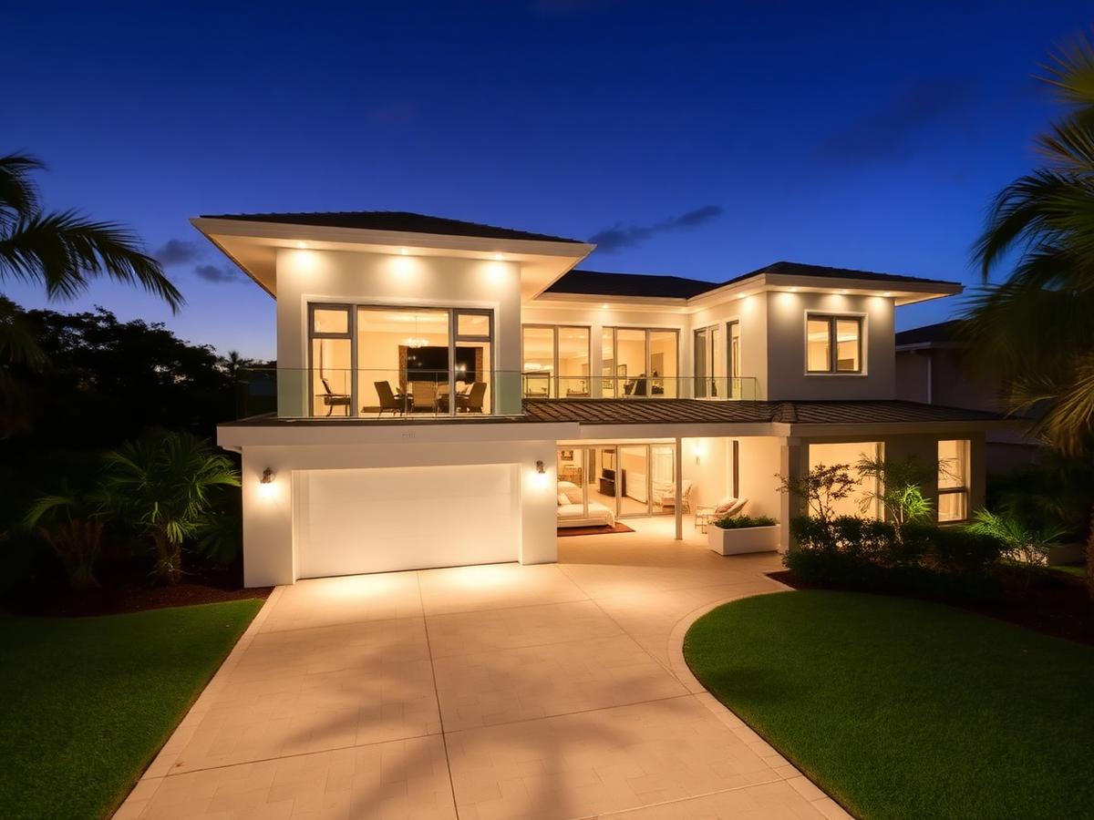 Coastal Florida home lit with warm white permanent lighting at dusk