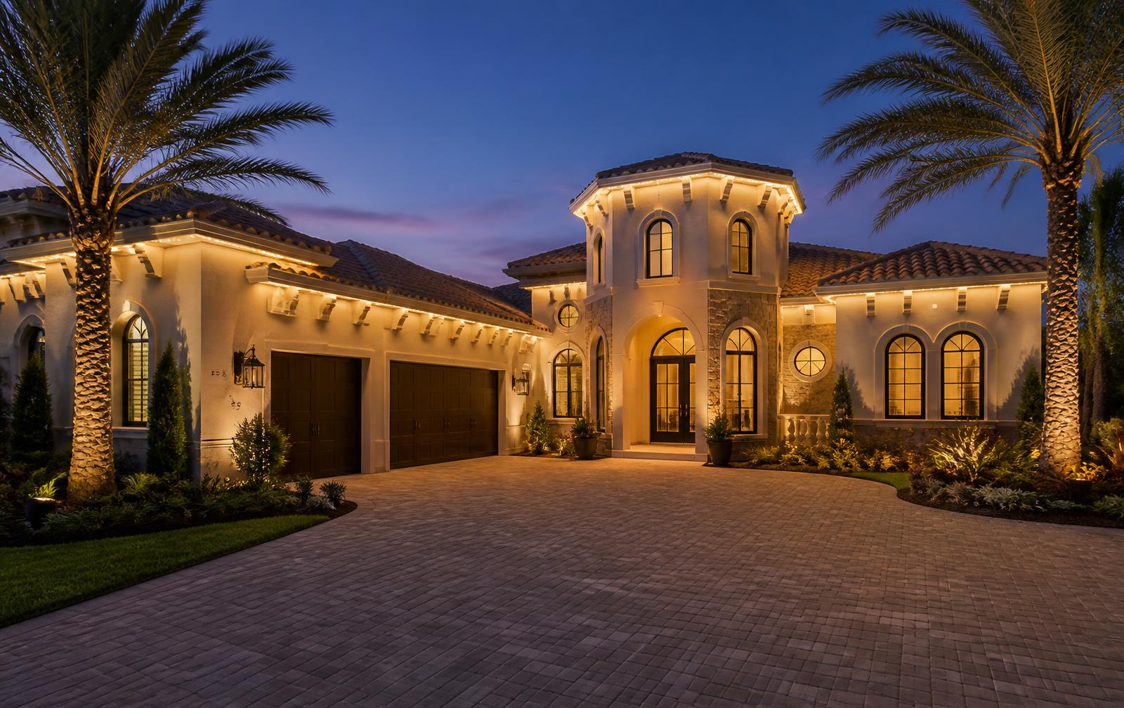 Sarasota home at dusk with permanent LED lighting glowing along the rooflines