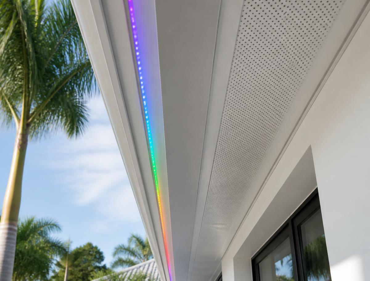 Close-up of permanent LED channel installed under a home's eave