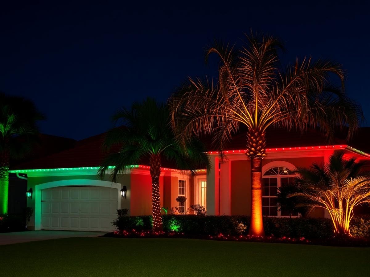 Home with permanent lighting set to red and green holiday colors