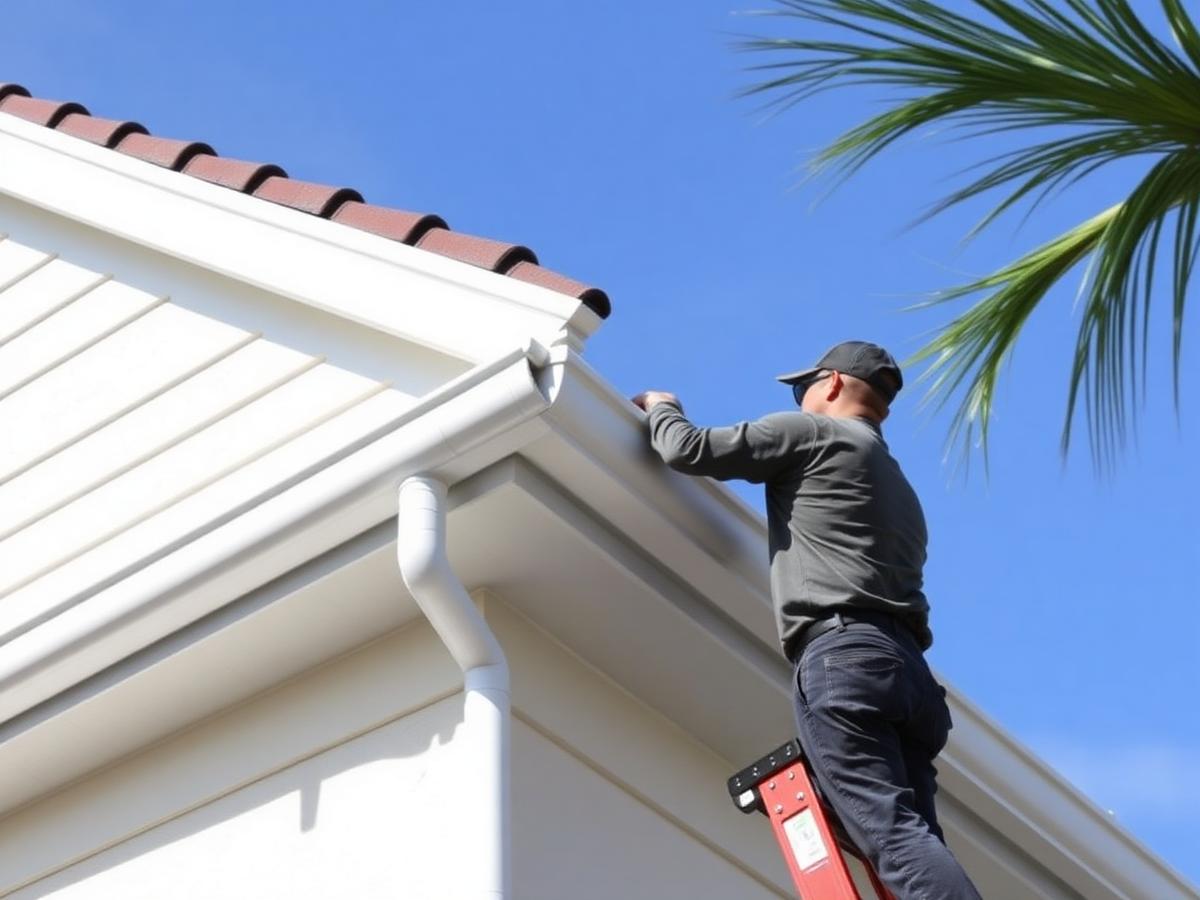 Installer fitting a new seamless white gutter along a Florida roofline