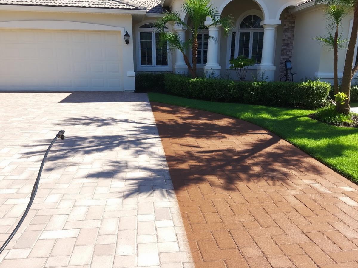 Pressure washing a paver driveway showing a clean-versus-dirty contrast