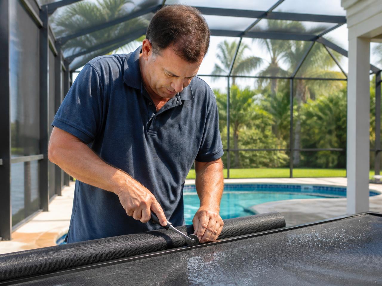 Freshly re-screened aluminum pool cage over a Florida swimming pool