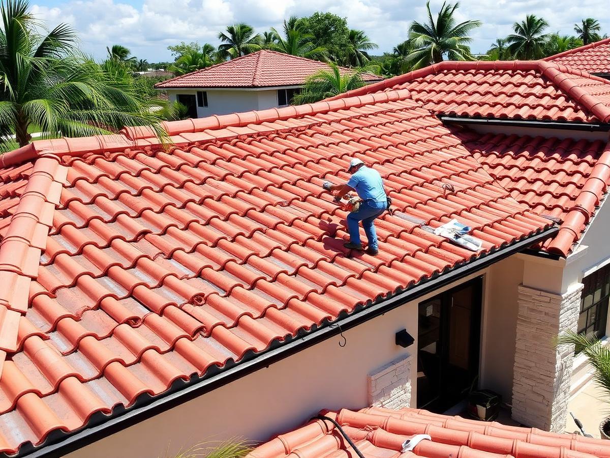 Roofer installing clay barrel tile on a Florida home