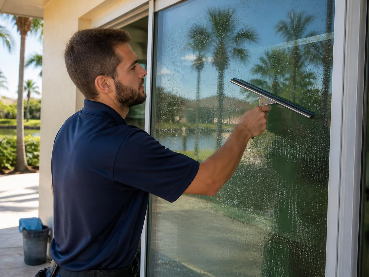 Technician squeegeeing a residential window on a Florida home